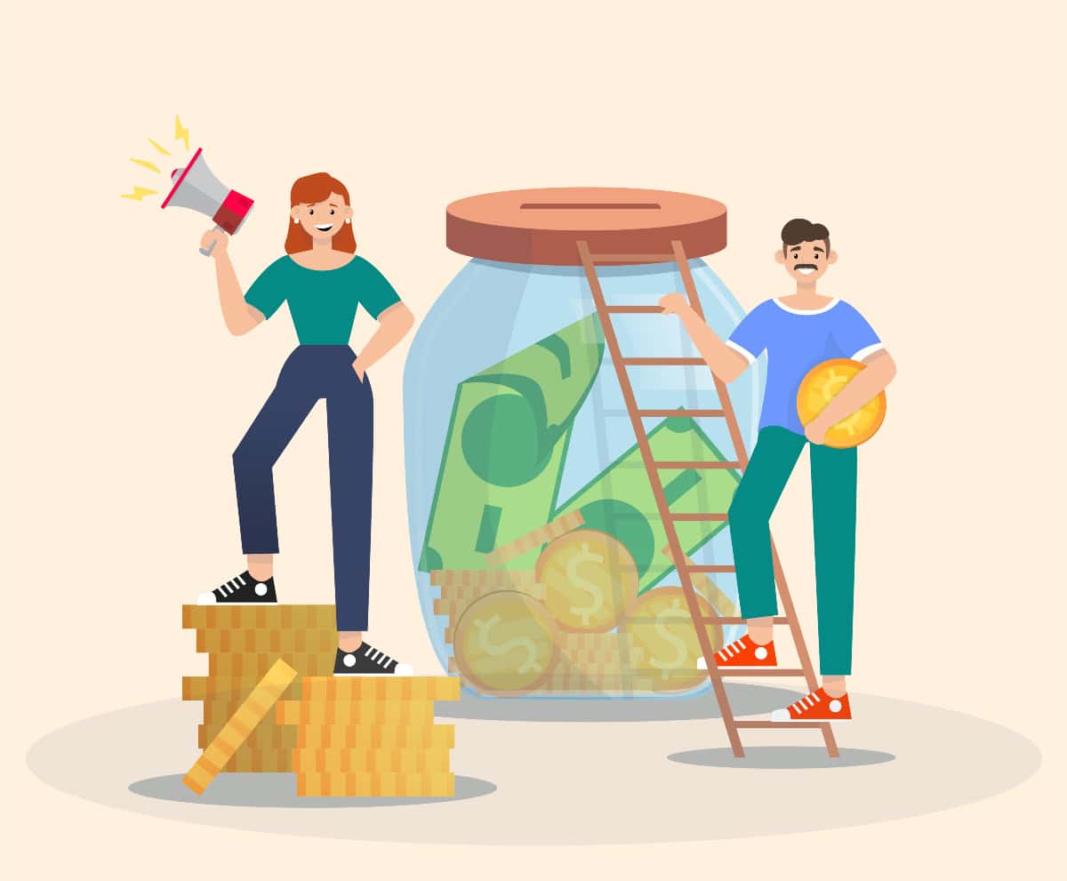 2 non profit employees budgeting money by placing it in a jar