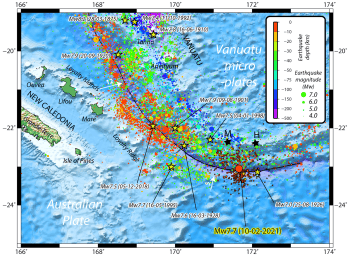 Vanuatu earthquake and tsunami hazard map with seismic activity and warning zones.