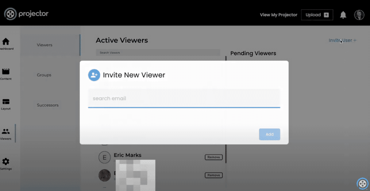 A computer screen displays a modal window titled Invite New Viewer with a search email field, over a dashboard showing viewers and an option for sharing with family and friends on the right side.