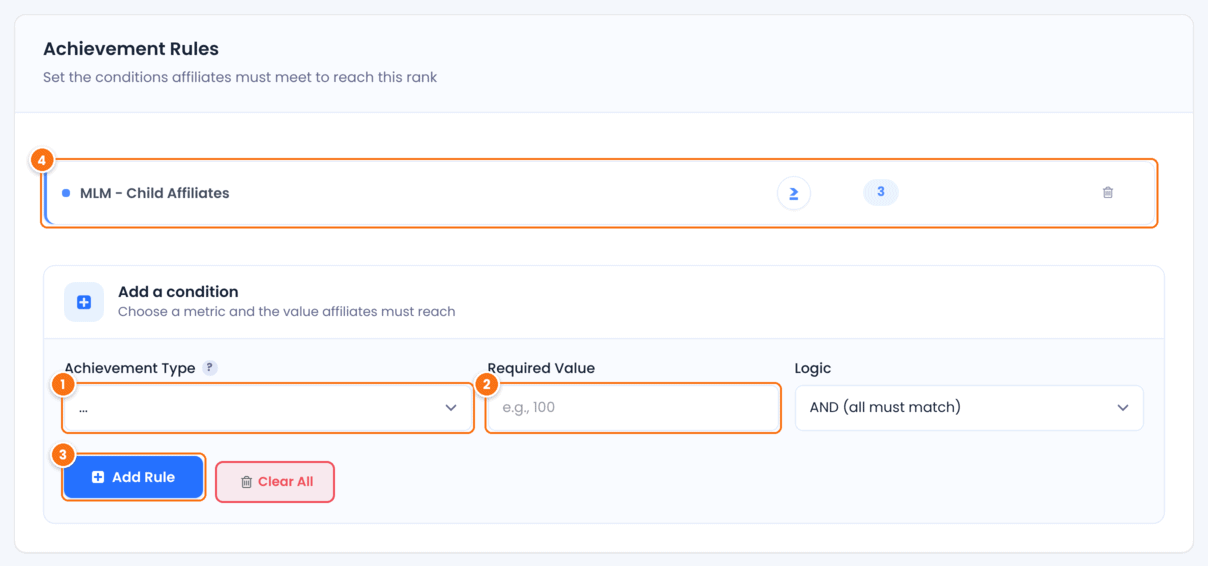 Achievement Rules card of the Team Leader rank in Ultimate Affiliate Pro, with a rule MLM - Child Affiliates at least 3, the Achievement Type dropdown, the Required Value field and the Add Rule button