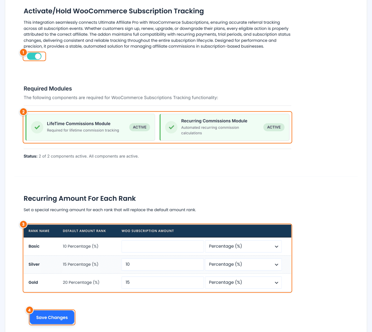 WooCommerce Subscriptions Tracking settings in Ultimate Affiliate Pro with the Activate/Hold switch on, the LifeTime Commissions and Recurring Commissions modules shown as Active, Woo Subscription Amount of 10% for Silver and 15% for Gold, and the Save Changes button
