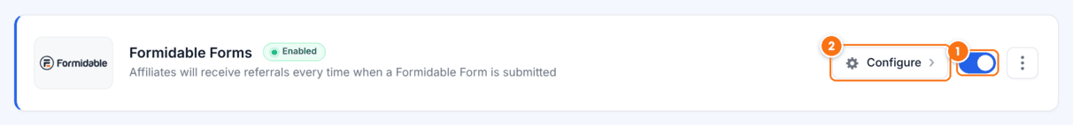 Formidable Forms card on the Integrations screen of Ultimate Affiliate Pro with the Enabled badge, the Configure button and the switch turned on