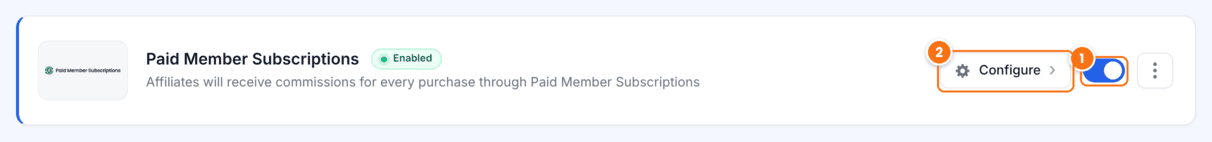 Paid Member Subscriptions card on the Integrations screen of Ultimate Affiliate Pro with the Enabled badge, the Configure button and the switch turned on