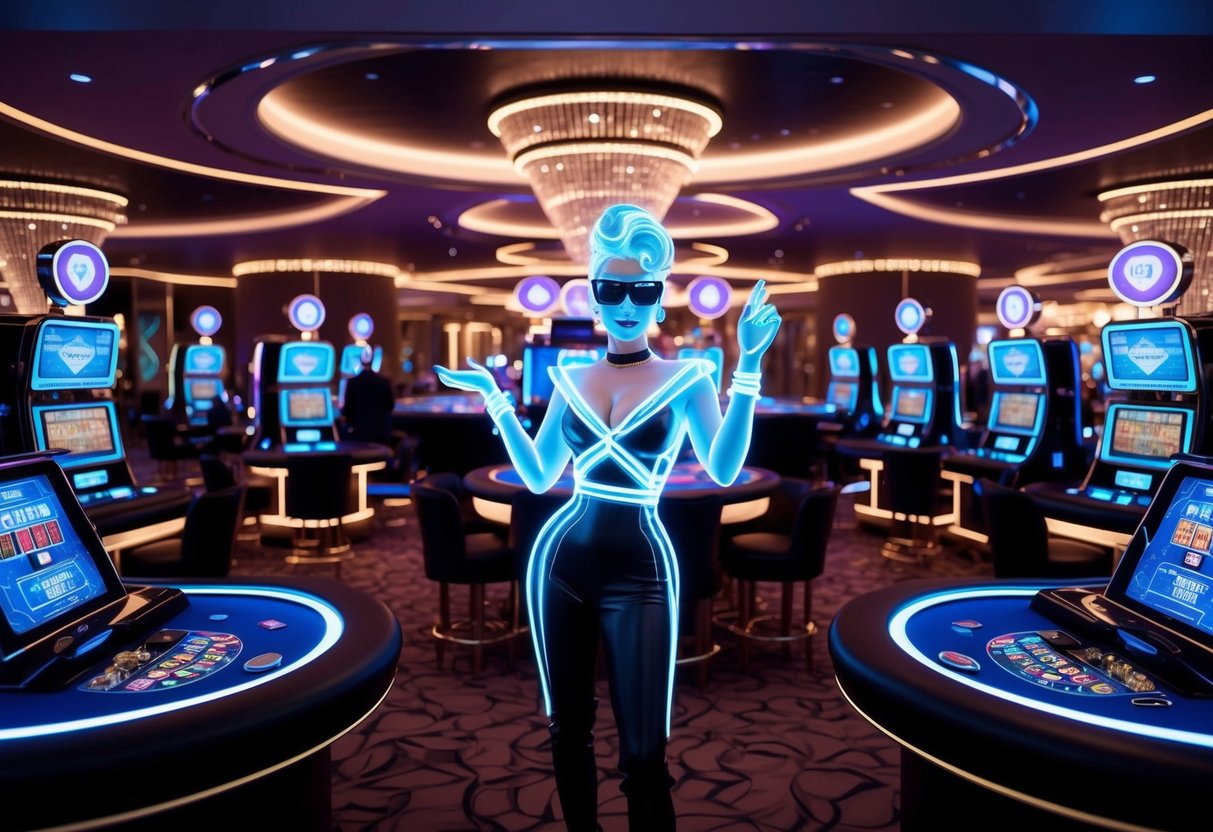A futuristic casino with neon lights and holographic VTuber avatars in glamorous attire, surrounded by high-tech slot machines and card tables
