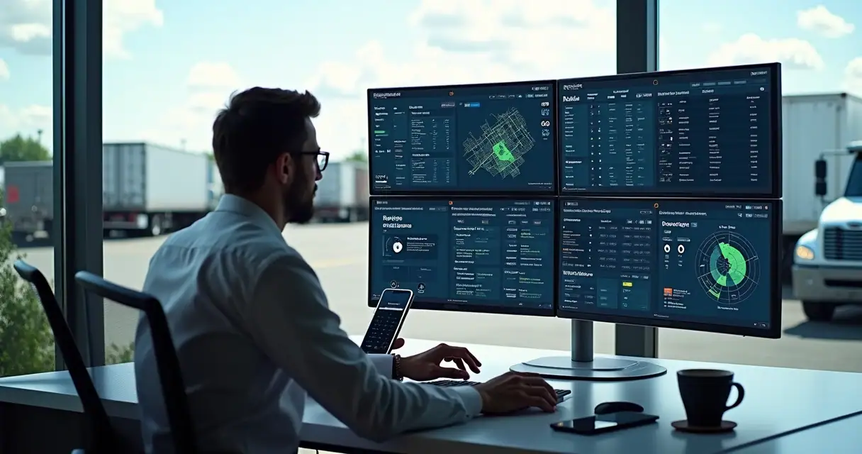 Gestor de frotas acompanhandor monitoramento em tempo real no computador com mapas e dados de veículos