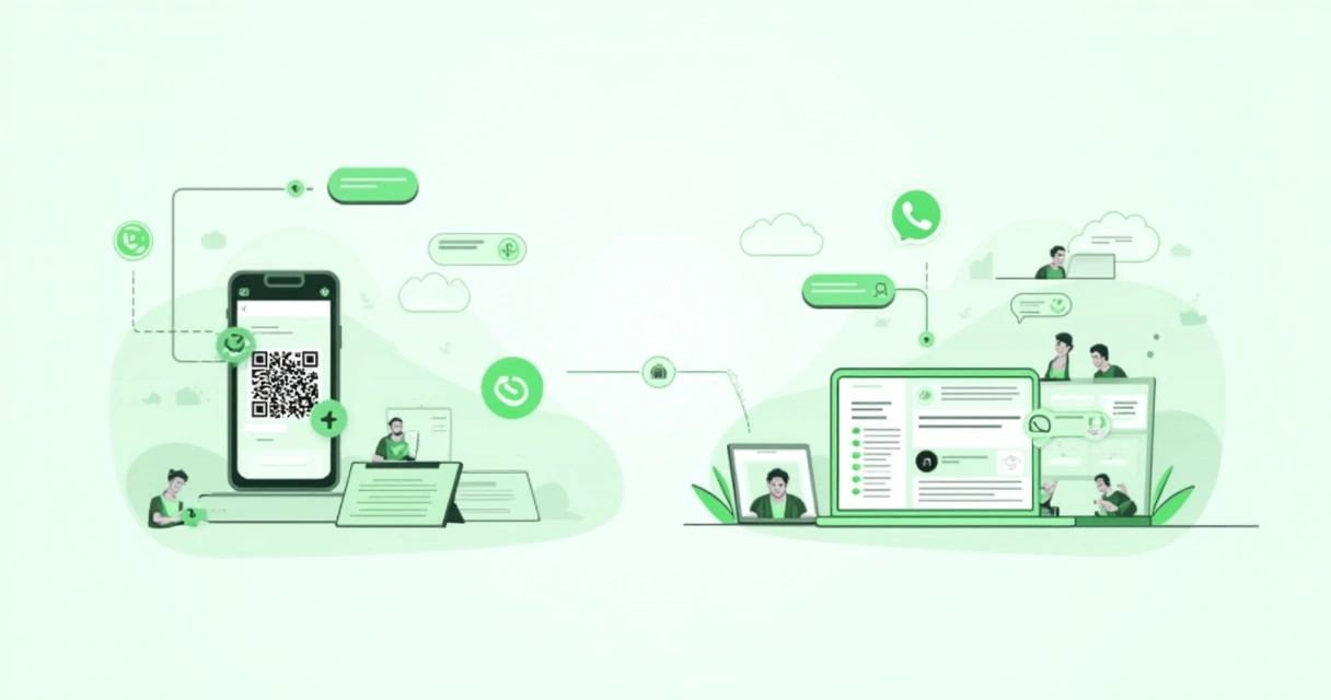 Tela mostranda integração do WhatsApp Business à API via QR code em ambiente moderno com múltiplos atendentes conectados simultaneamente em interface digital
