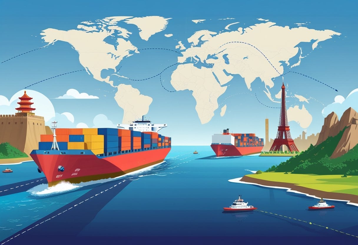 A cargo ship carrying containers sailing across the ocean with a map showing a shipping route from China to the USA and landmarks from both countries in the background.