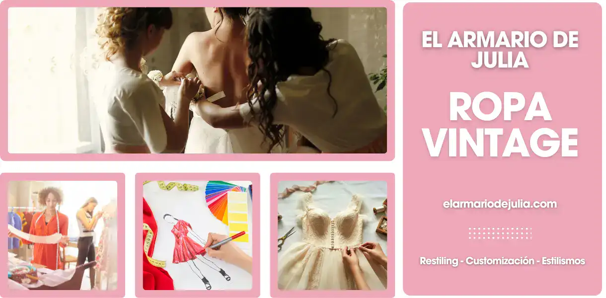 Collage promocional de El Armario de Julia, tienda de ropa vintage especializada en restyling, customización y estilismos personalizados.