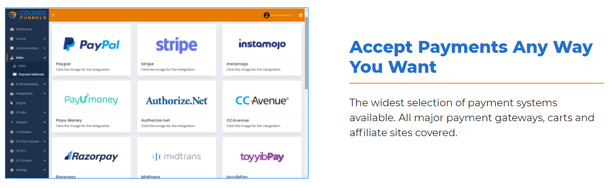 CourseFunnels payments accepted