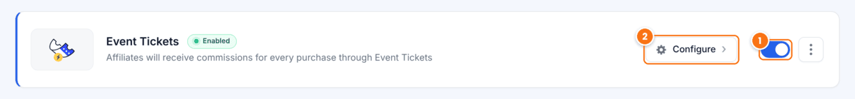 Event Tickets card on the Ultimate Affiliate Pro Integrations screen with the Enabled badge, the switch turned on and the Configure button