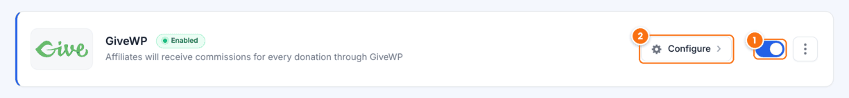 GiveWP card on the Ultimate Affiliate Pro Integrations screen with the Enabled badge, the switch turned on and the Configure button