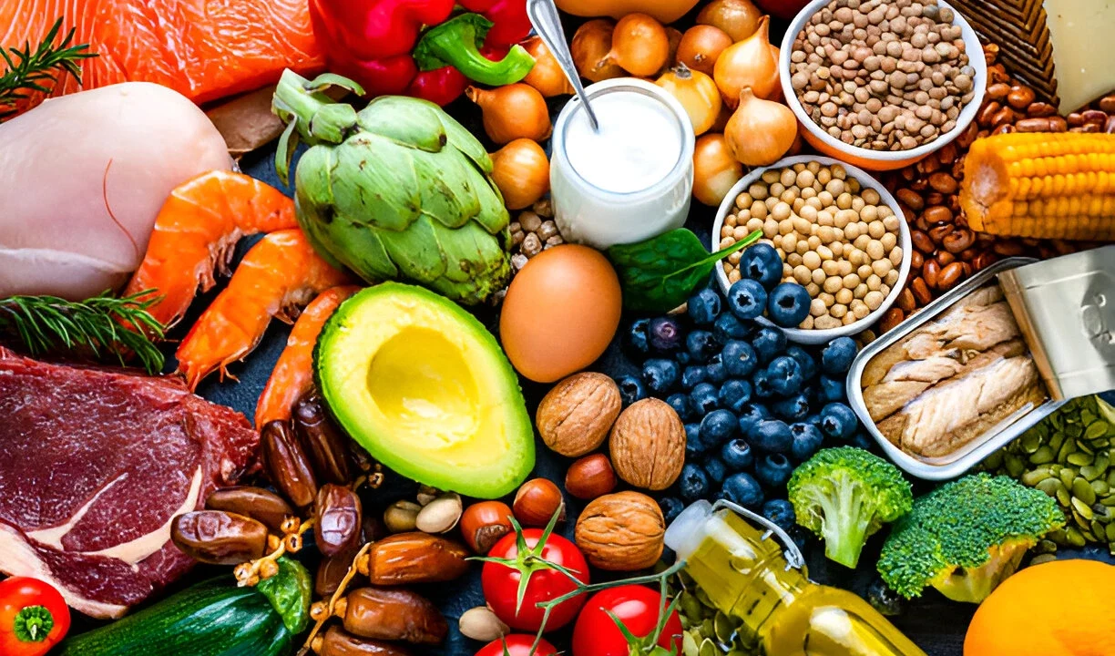 Healthy food items including fruits, vegetables, and whole grains for a balanced diet.