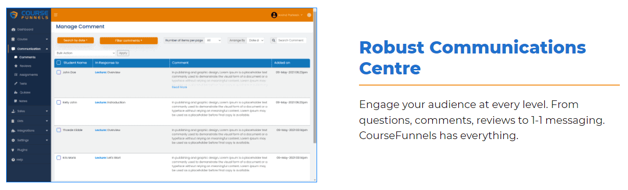 CourseFunnels robust communications center