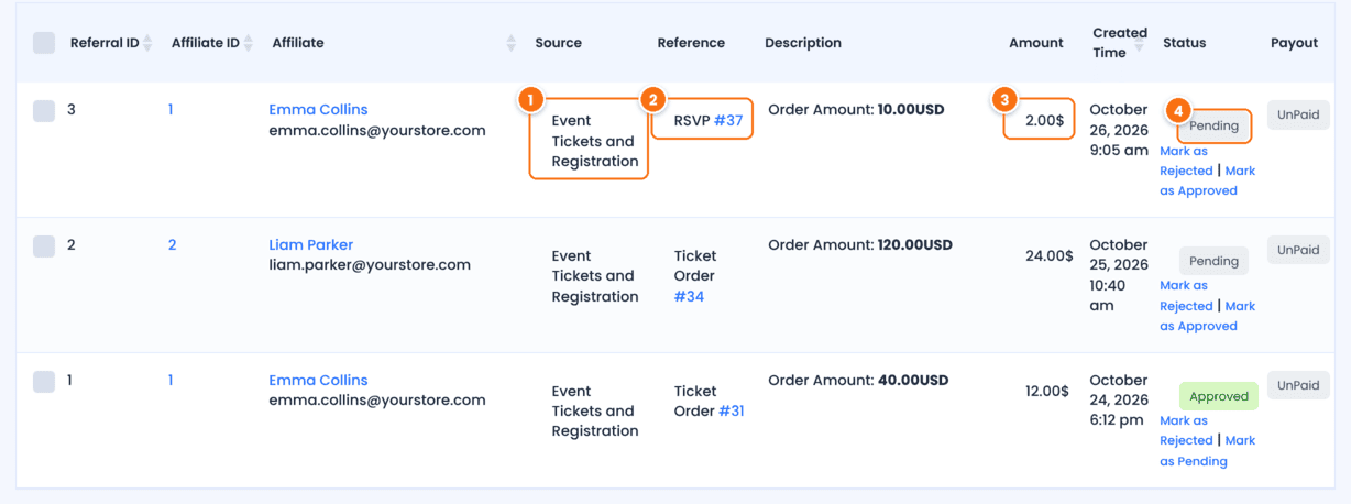 Referrals list in Ultimate Affiliate Pro with three Event Tickets and Registration referrals: an RSVP and two ticket orders, with order amounts, commissions and Pending or Approved status
