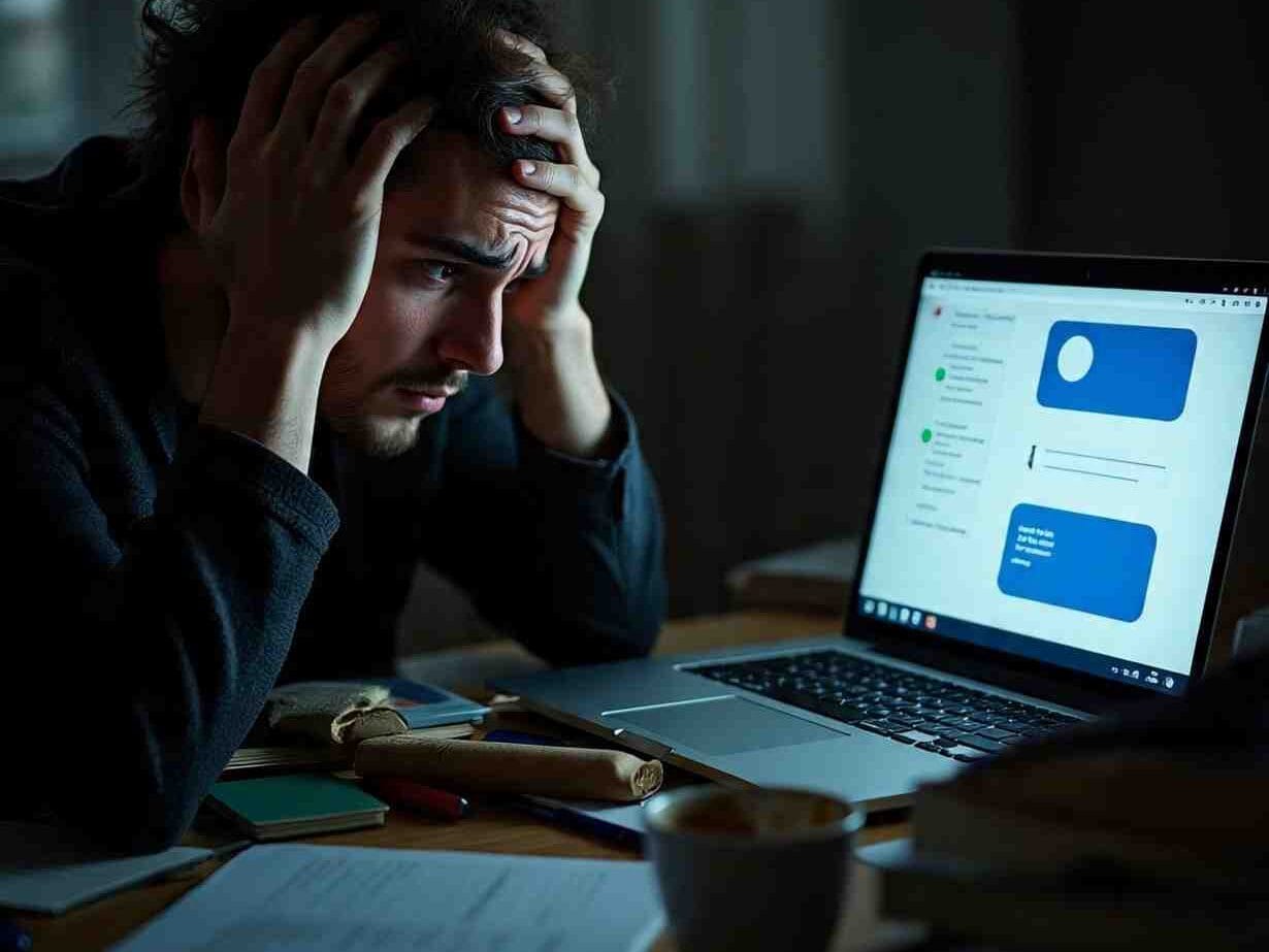 Stressed young man holding his head while staring at a laptop screen late at night, showing signs of digital burnout and mental fatigue
