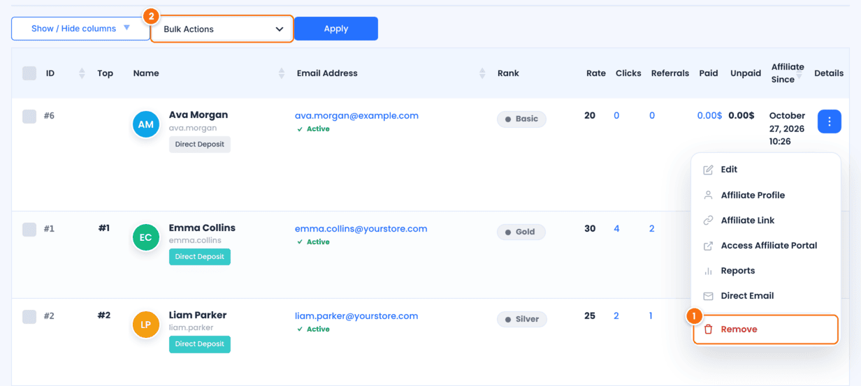 Affiliates list in Ultimate Affiliate Pro with the row menu of an affiliate open on Remove and the Bulk Actions dropdown
