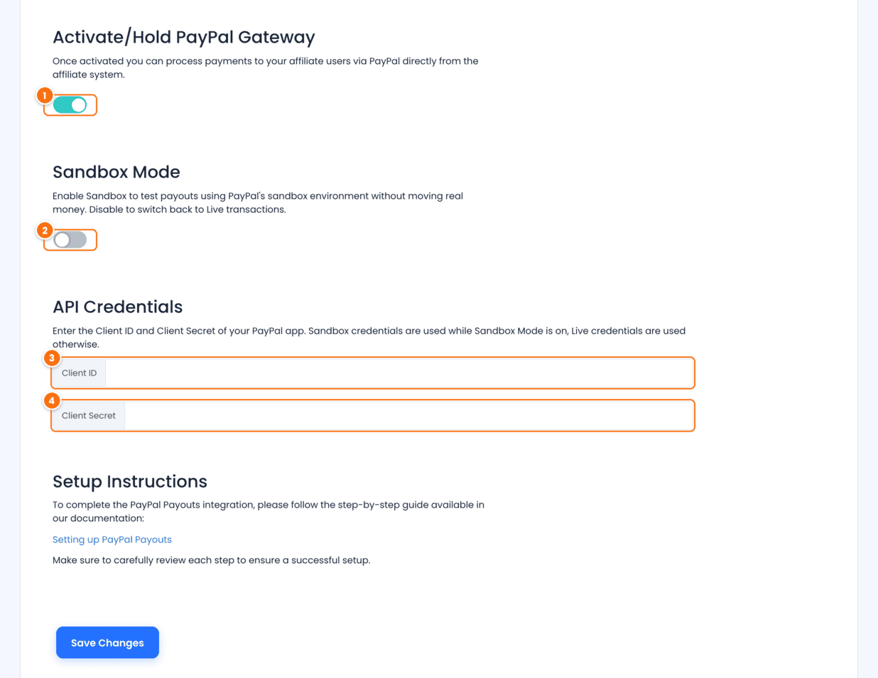 PayPal Payouts settings in Ultimate Affiliate Pro: Activate/Hold PayPal Gateway switch, Sandbox Mode switch, Client ID and Client Secret fields