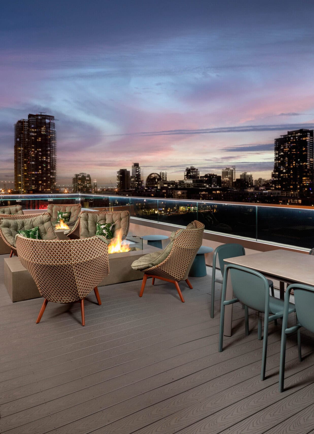 A rooftop terrace with skyline views at The Wyatt apartments in San Diego, CA.