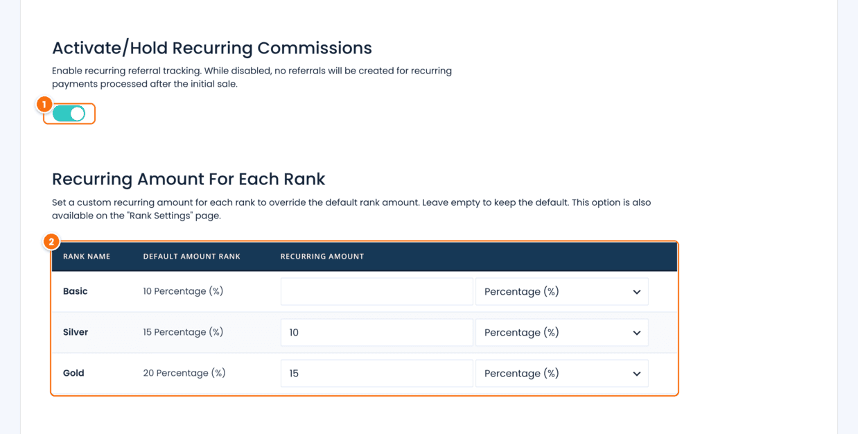 Recurring Commissions module settings in Ultimate Affiliate Pro with the Activate/Hold Recurring Commissions switch turned on and the Recurring Amount For Each Rank table for the Basic, Silver and Gold ranks