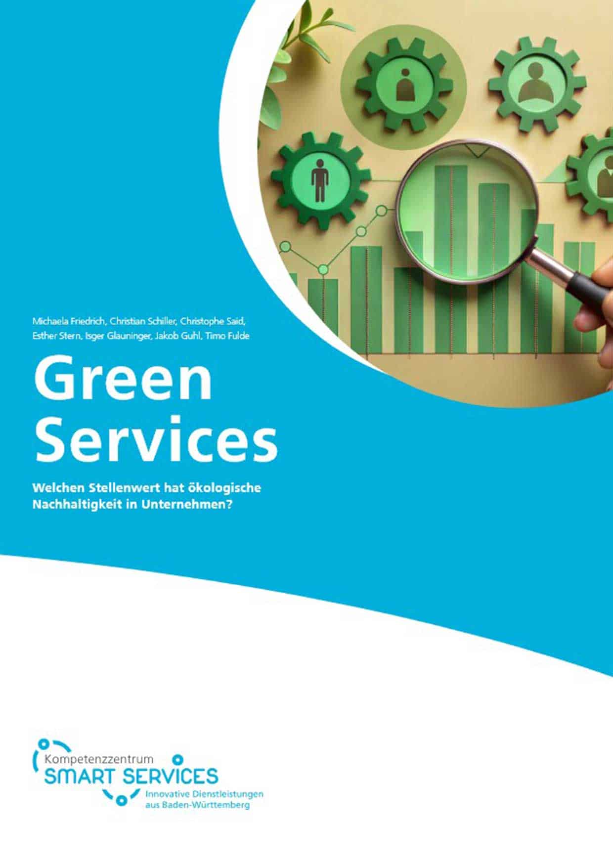 Nachhaltige Geschäftsmodelle und grüne Dienstleistungen bei ITB Karlsruhe Illustration von grünen Zahnrädern und einer Lupe, die auf ein Diagramm mit nachhaltigen Geschäftstr.