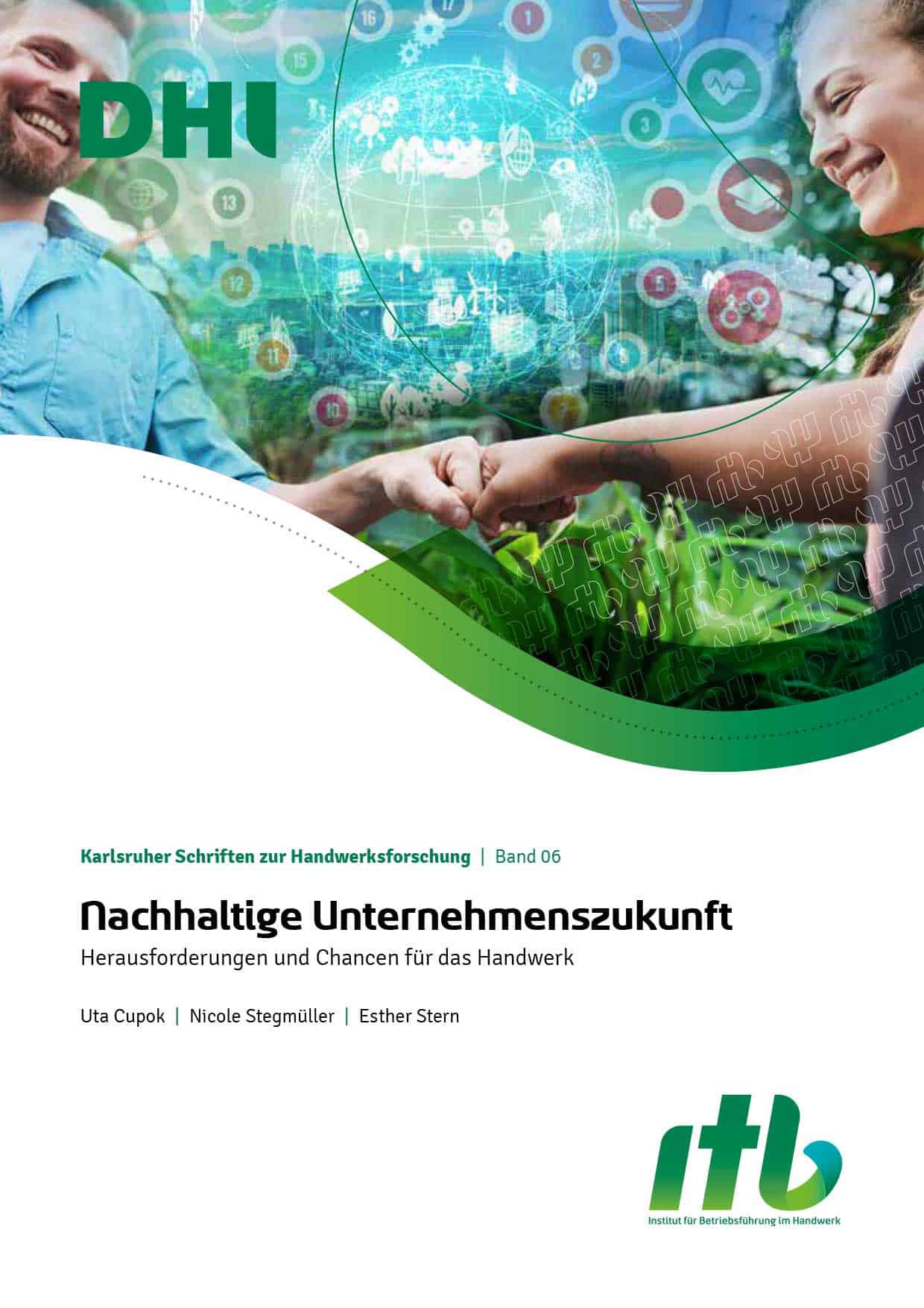 Nachhaltige Unternehmenszukunft bei itb Karlsruhe Zwei Personen schütteln sich die Hand vor digitalem Hintergrund mit Technologie-Icons.