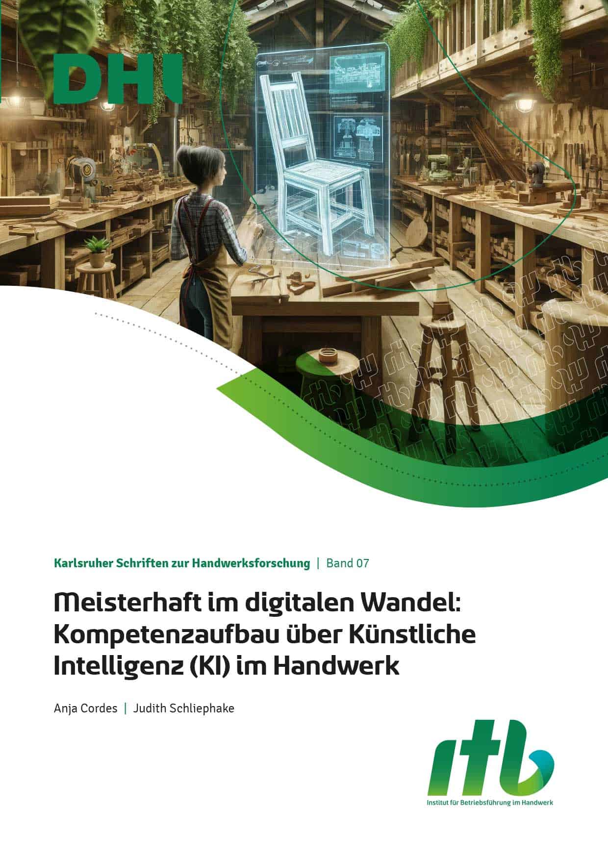 Junge Handwerkerin im Museum mit digitaler 3D-Visualisierung eines Stuhls.