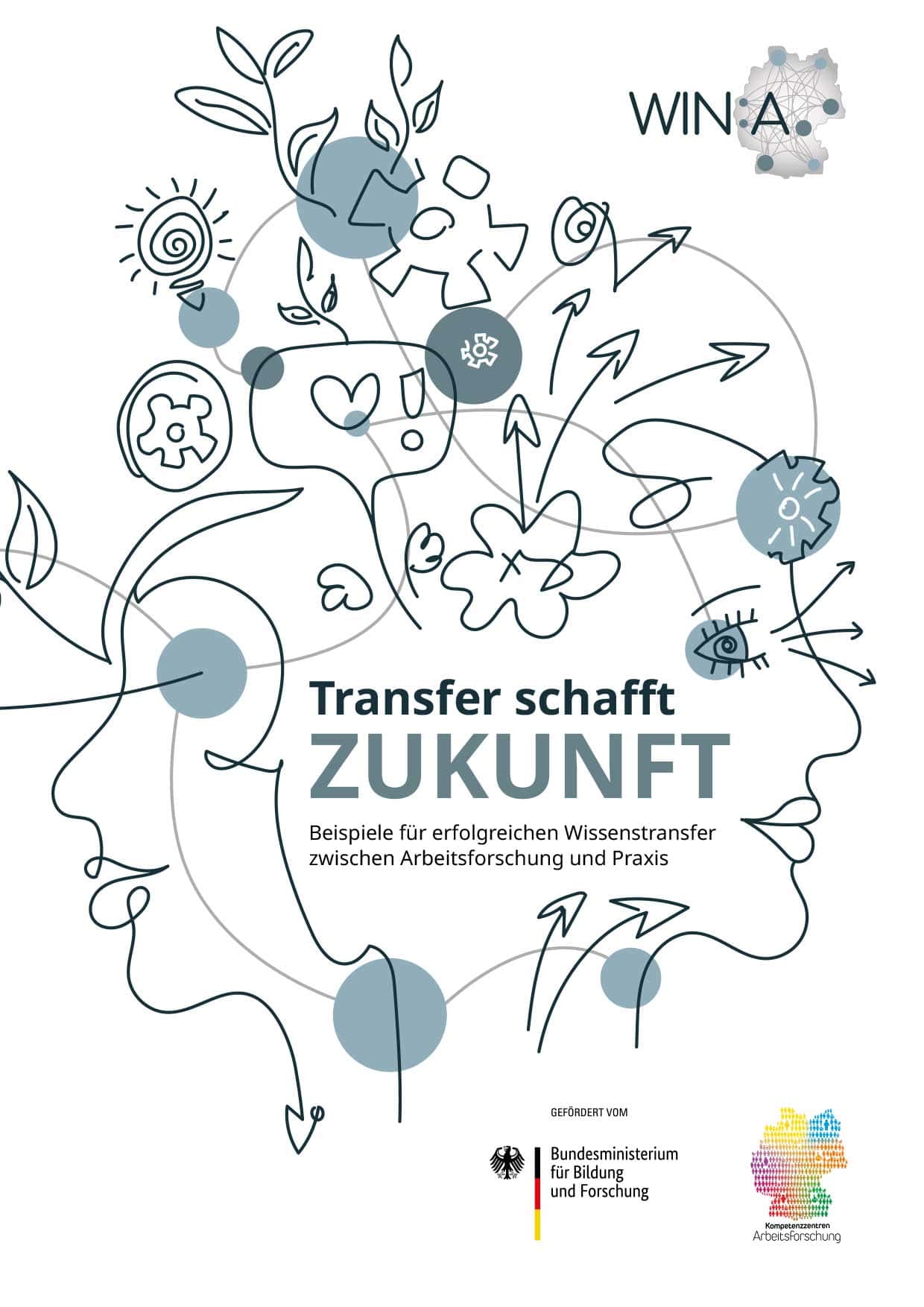 Illustration mit Symbolen für Wissenstransfer und Innovation, Zukunft, Arbeit, Forschung.