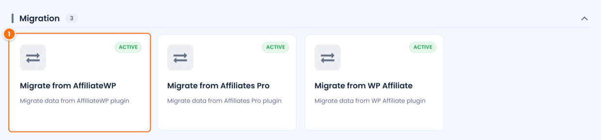 Migration section of the Modules page in Ultimate Affiliate Pro with the Migrate from AffiliateWP, Migrate from Affiliates Pro and Migrate from WP Affiliate cards