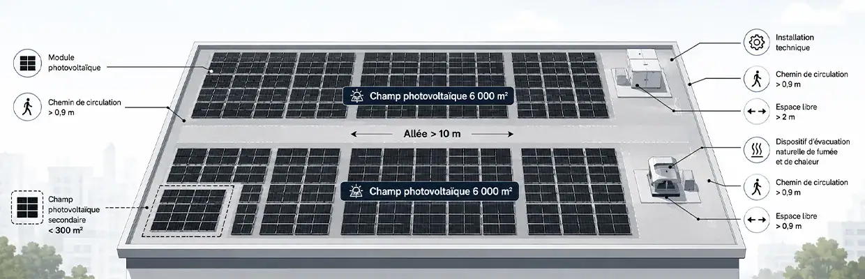 Schéma d’implantation d’une installation photovoltaïque de grande taille en toiture, avec champs de panneaux solaires de 6 000 m², allée de séparation supérieure à 10 m, chemins de circulation, espaces libres, installation technique et dispositif d’évacuation naturelle de fumée et de chaleur.