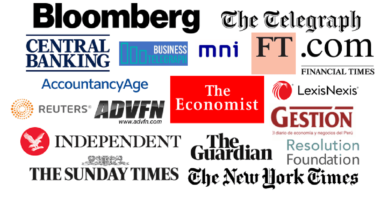 Financial and business titles including Bloomberg, Financial Times, Reuters, The Economist, The Telegraph, The Guardian, The Independent, The Sunday Times, The New York Times, Central Banking, AccountancyAge, ADVFN, MNI, LexisNexis and Gestion