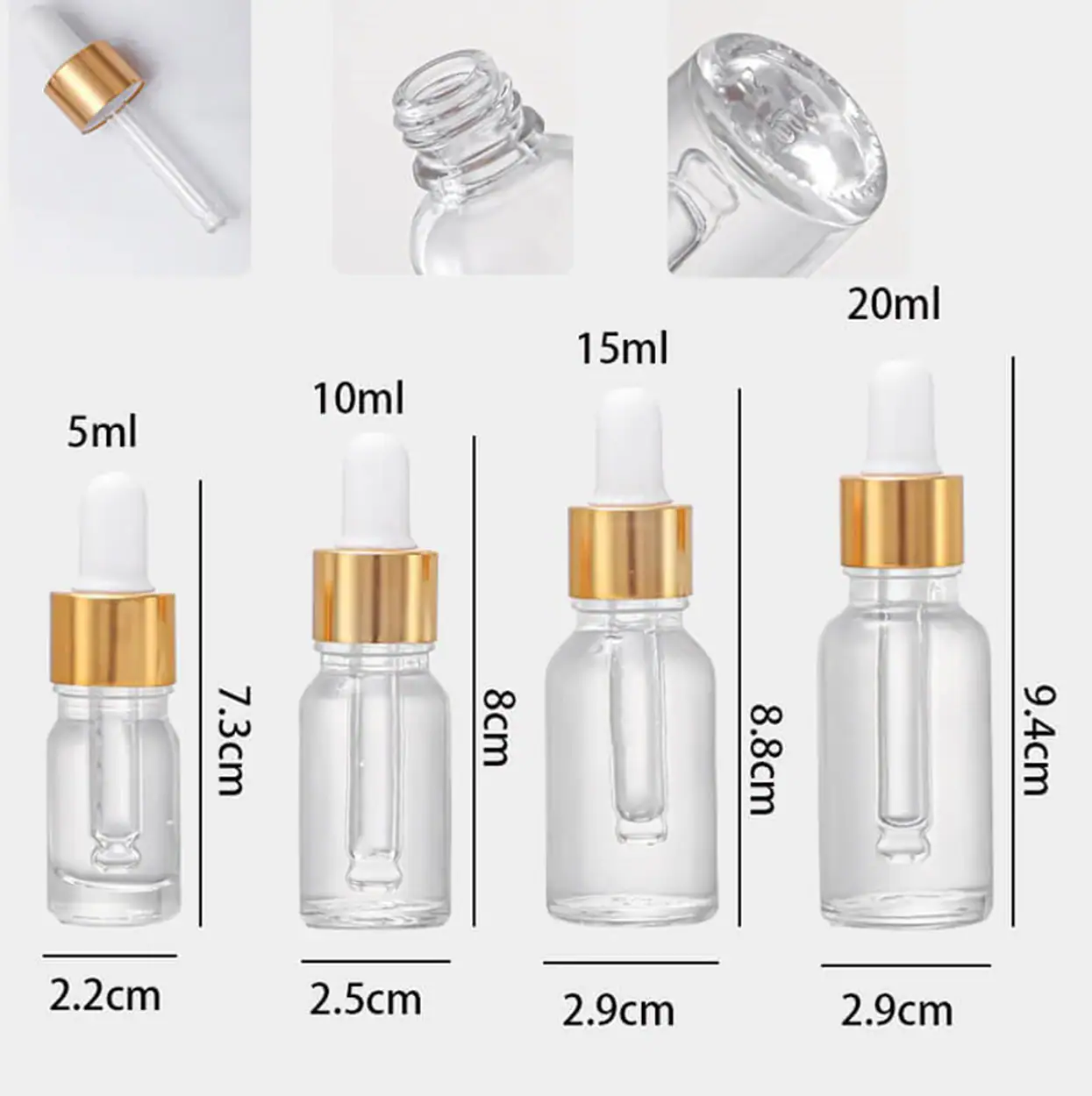 Zestaw hurtowych przezroczystych butelek kosmetycznych z kroplomierzem i wskaźnikami pojemności od 5 ml do 20 ml