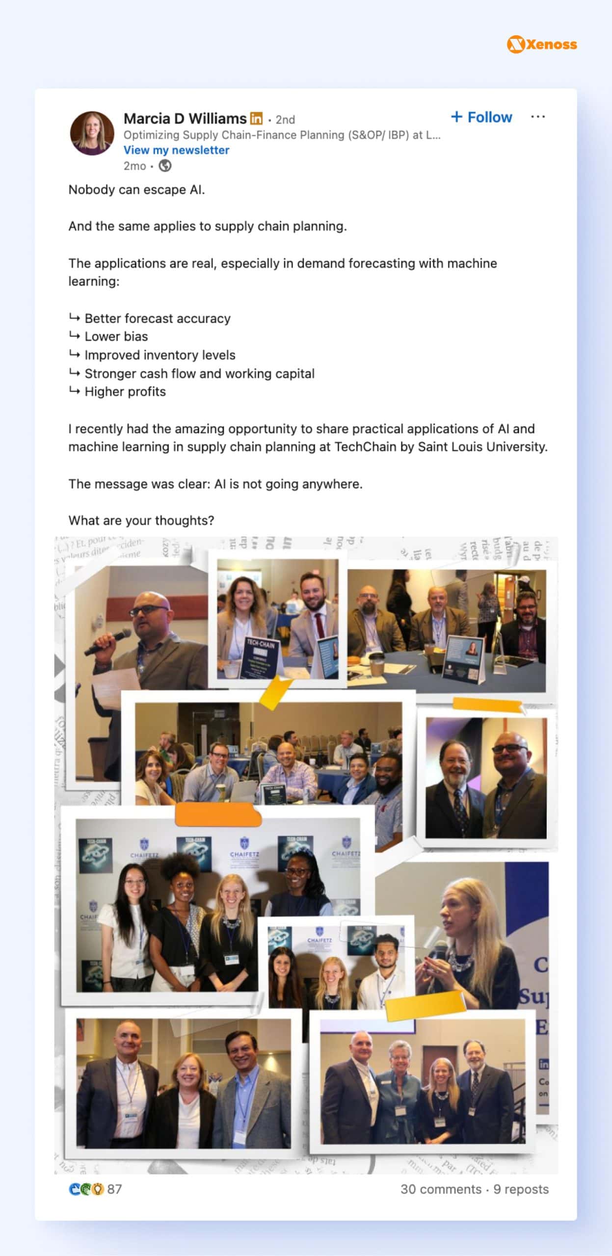 LinkedIn post by Marcia D. Williams, founder and managing partner at USM Supply Chain Consulting