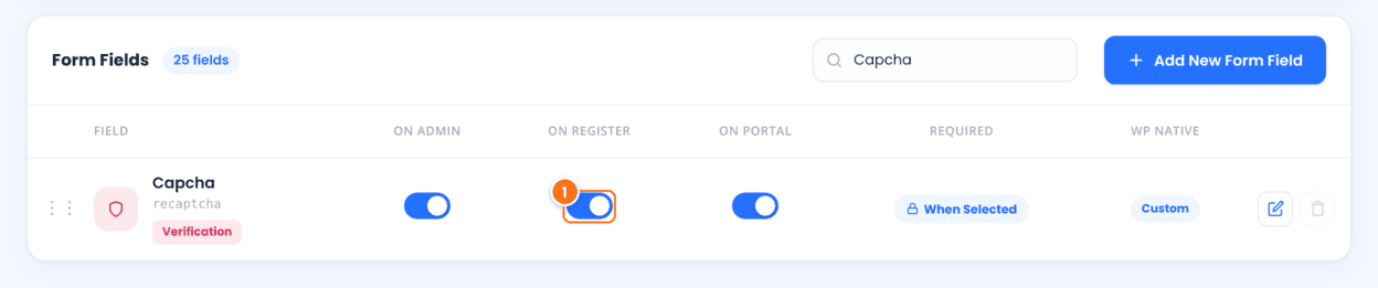 Custom Fields list of the affiliate registration form filtered to the Capcha reCAPTCHA field with On Register turned on