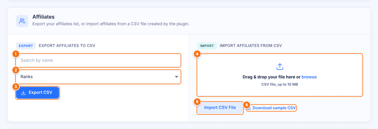 Affiliates section of Export / Import in Ultimate Affiliate Pro with the Search by name box, Ranks filter, Export CSV button, file drop zone, Import CSV File button and Download sample CSV link