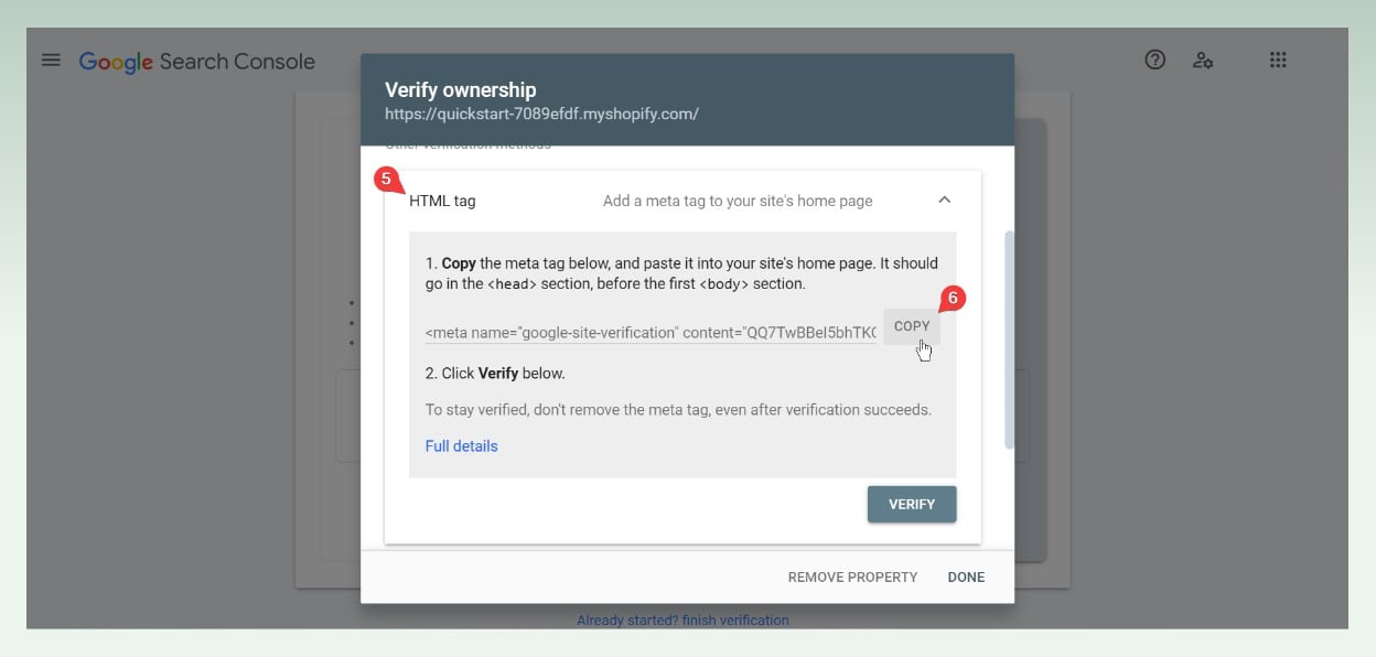 Verify your Shopify store with Google step 3: Use HTML tag