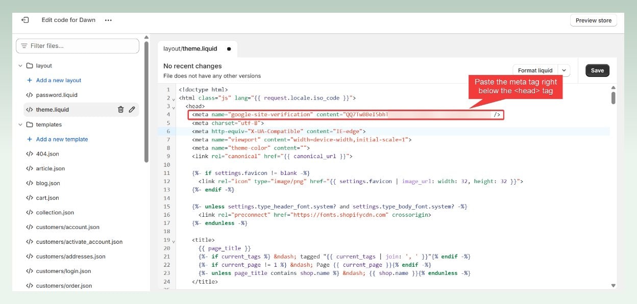 Verify your Shopify store with Google step 6: Paste meta tag
