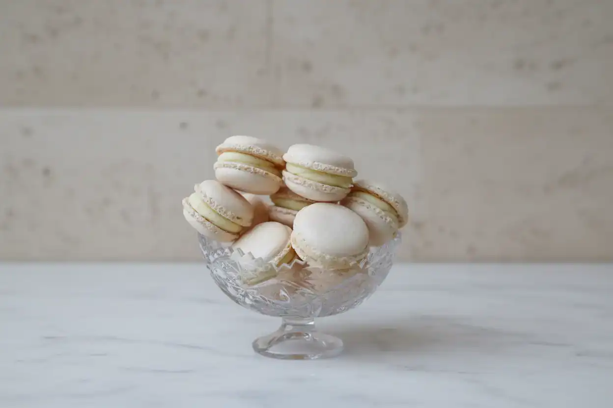 Classic French macarons with vanilla cream filling taught in the French Macaron Masterclass at Prestige Patisserie London