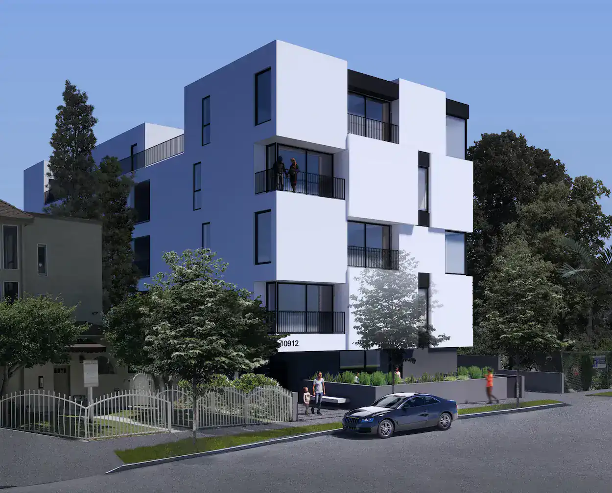 Contemporary white apartment building with geometric cubic volumes and extensive use of glass windows. Modern minimalist style with clean lines and contrasting black accents.
