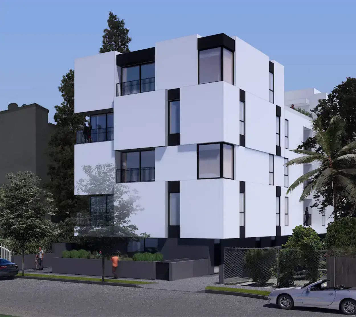 Modern white multi-story residential building with cubic volumes and large glass windows, black accents, surrounded by greenery and urban context, sleek contemporary design.