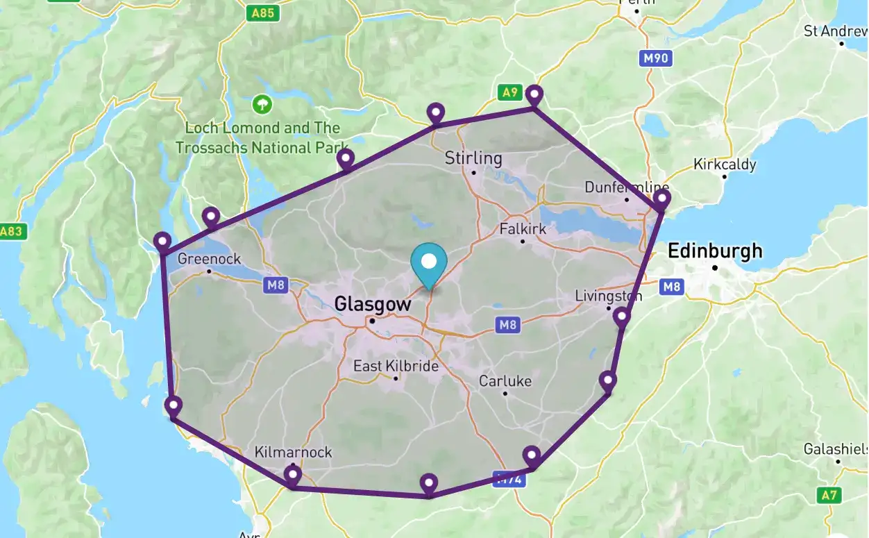 Map showing NB Gas & Plumbing’s service area across Glasgow, the Central Belt and the West of Scotland for plumbing, heating and gas services.