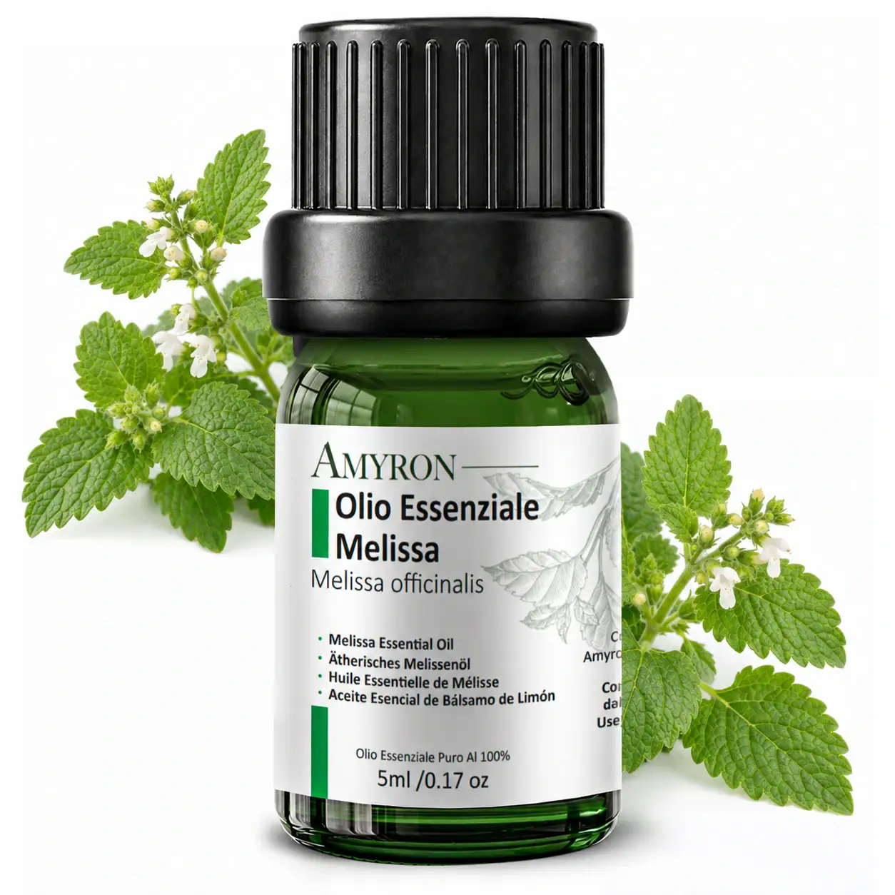 Olio essenziale di Melissa AMYRON 5ml puro e naturale con flacone in vetro scuro e Melissa officinalis