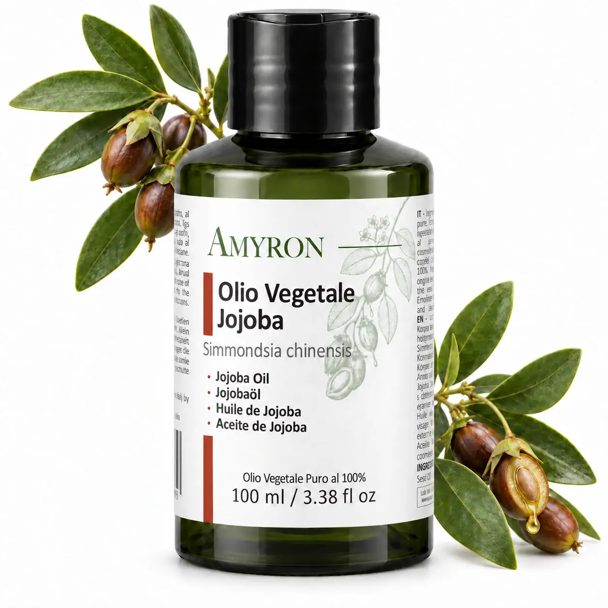 Flacone da 100 ml di olio vegetale di jojoba AMYRON con foglie e semi di jojoba su sfondo bianco.