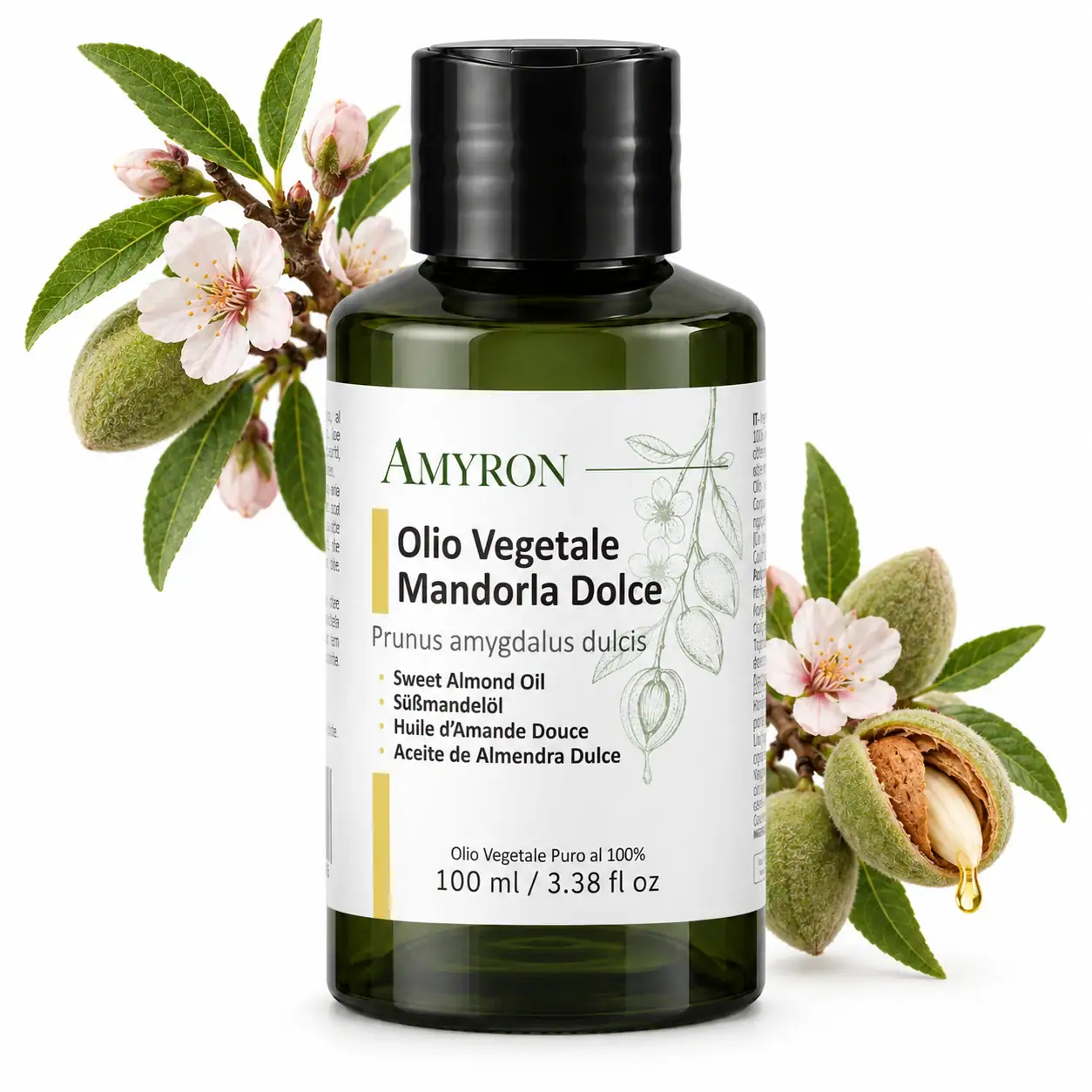Flacone AMYRON di olio vegetale di mandorla dolce da 100 ml con fiori e frutti di mandorlo su sfondo bianco.