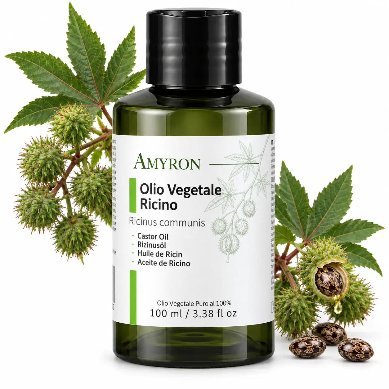 Flacone AMYRON di olio vegetale di ricino da 100 ml con foglie e semi di ricino su sfondo bianco.