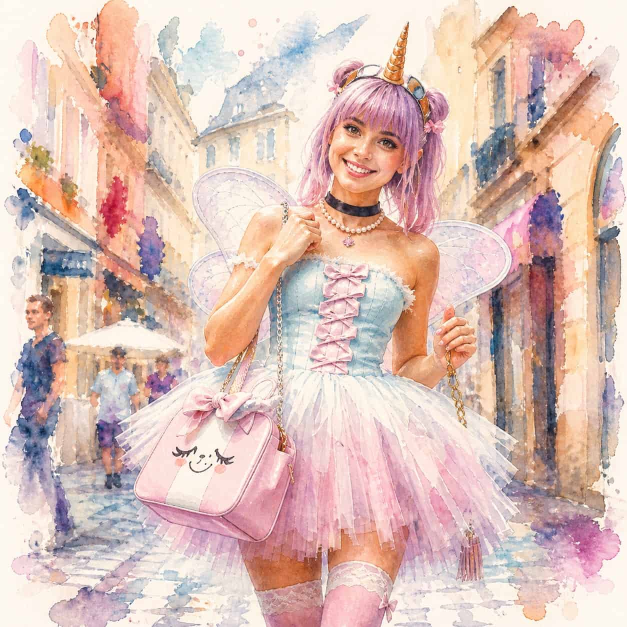 Fairy Kei.
Dívka v růžovém kostýmu jednorožce s křídly a růžovými vlasy, držící kabelku na malebné ulici.