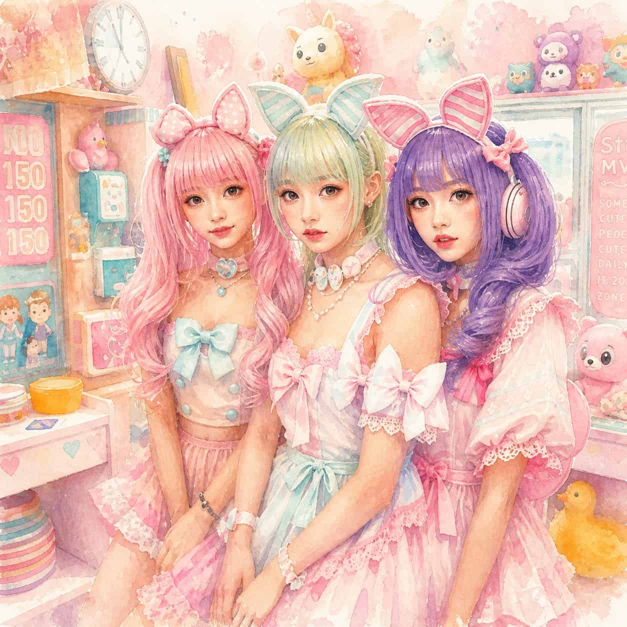 Tři dívky s barevnými vlasy ve stylu kawaii, oblečené v růžových šatech s mašlemi, stojí před inspirativní pozadím plným hraček a dekorací.
