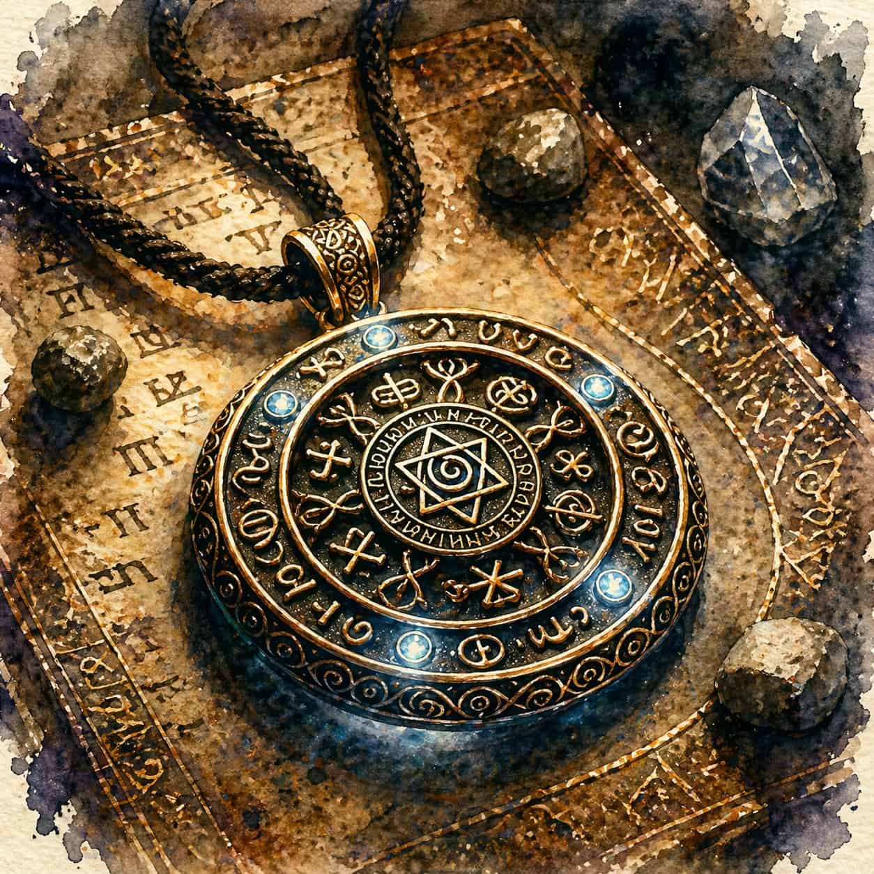 Zlatý amulet s magickými symboly a modrými kameny, položený na starých knihách a okolních kamenech.