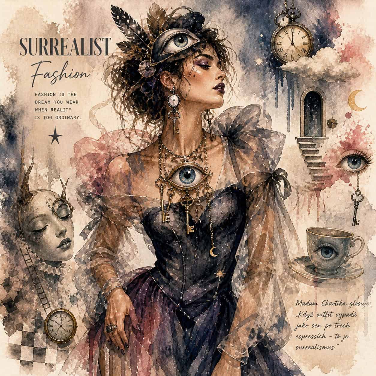 Surrealistický obraz módy zobrazuje ženu s ozdobami a šperky, včetně klíčů a velkého oka na náhrdelníku. Pozadí obsahuje abstraktní prvky jako hodiny, modré oko a schodiště vedoucí k dverím. Umělecký styl používá jemné vodové barvy a surrealistické prvky.