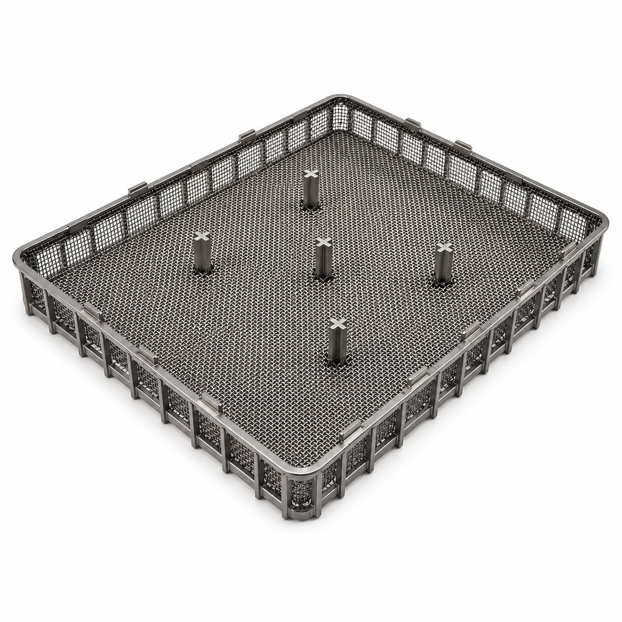 Rectangular mesh heat treatment basket with vertical locating posts
