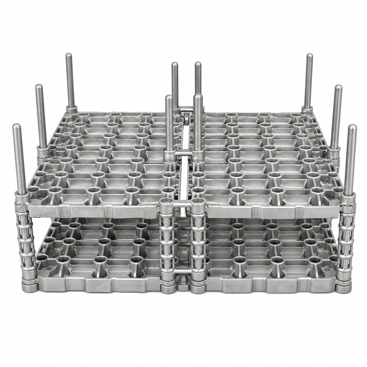 Rectangular furnace charging fixture with two open-grid levels and locating posts